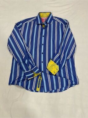 Robert Graham Shirt Large Blue Striped Classic Fit Flip Cuff Long Sleeve
